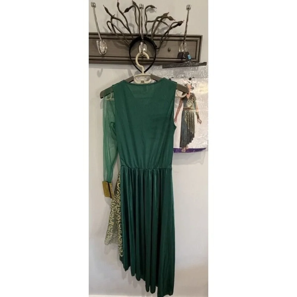Medusa Girls Halloween Costume Green Gold Dress and Snake Headband Set L 12 14